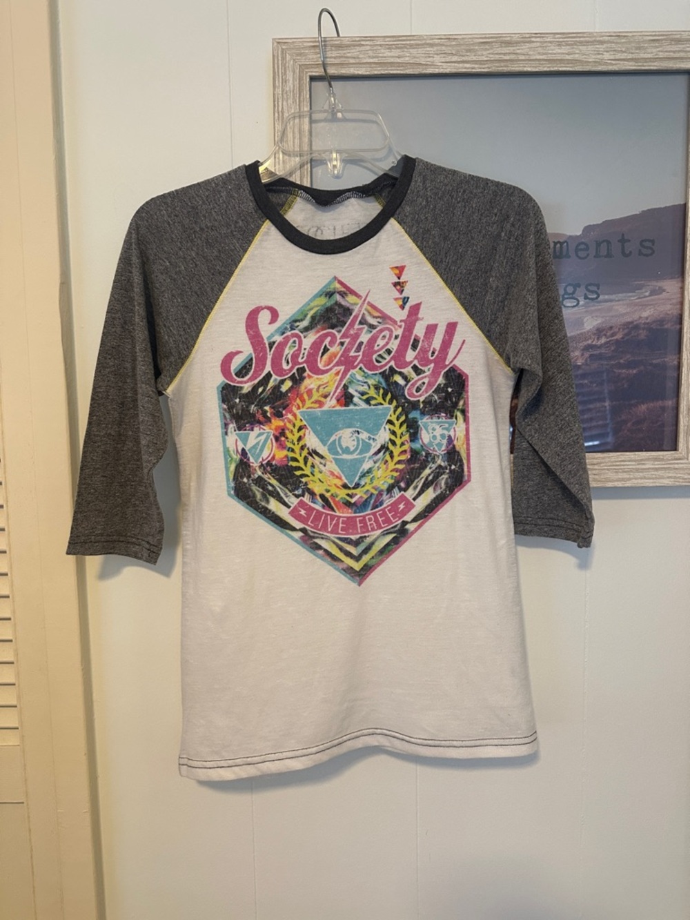 Size Small Society White & Gray Tee with Multicolor Graphic